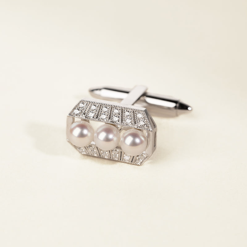 1920s' COLLECTION Akoya Pearl 18K White Gold Diamond Chrysler Men's Cufflinks