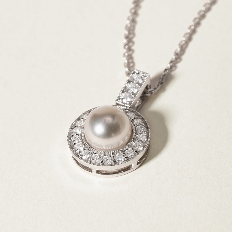 1920s' COLLECTION Akoya Pearl 18K White Gold Diamond Pendulum Clock Necklace