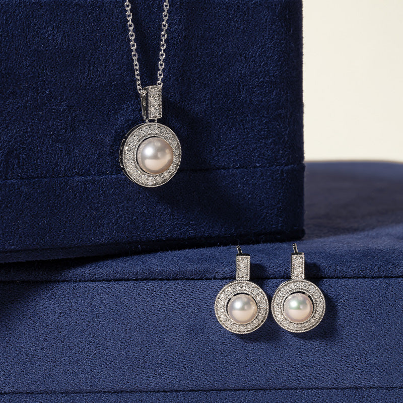 1920s' COLLECTION Akoya Pearl 18K White Gold Diamond Pendulum Clock Earrings