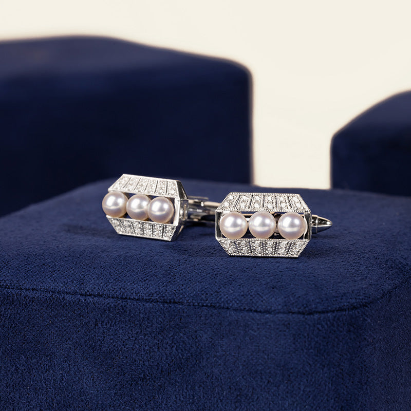 1920s' COLLECTION Akoya Pearl 18K White Gold Diamond Chrysler Men's Cufflinks