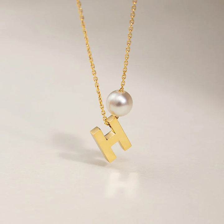 H COLLECTION Akoya Saltwater Pearl 18K Gold Hanging "H" Necklace - HELAS Jewelry