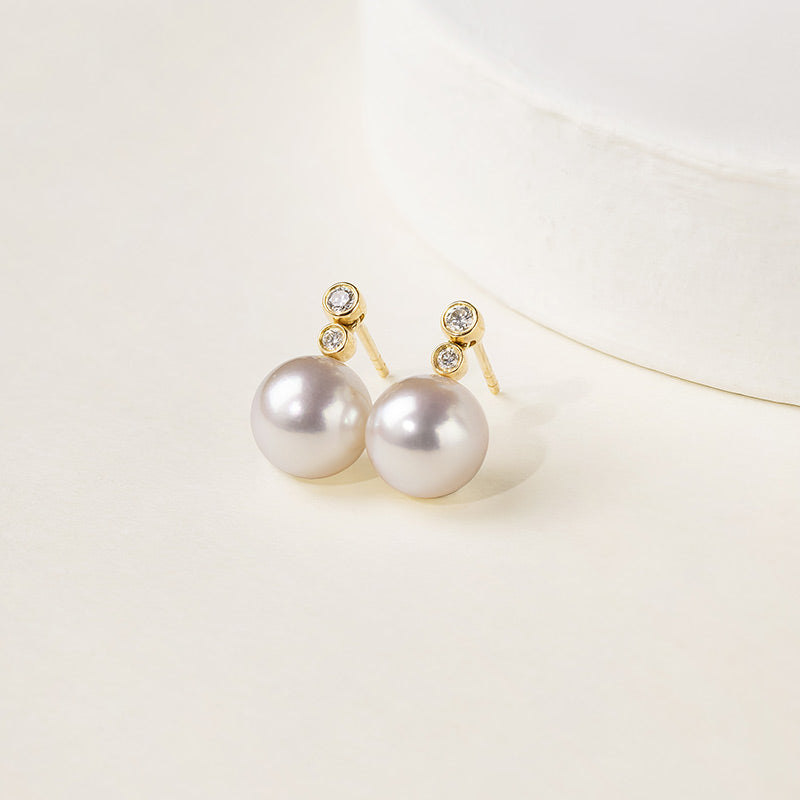 ORIGIN COLLECTION Akoya Pearl 18K Gold Double Diamond Elegant Earrings