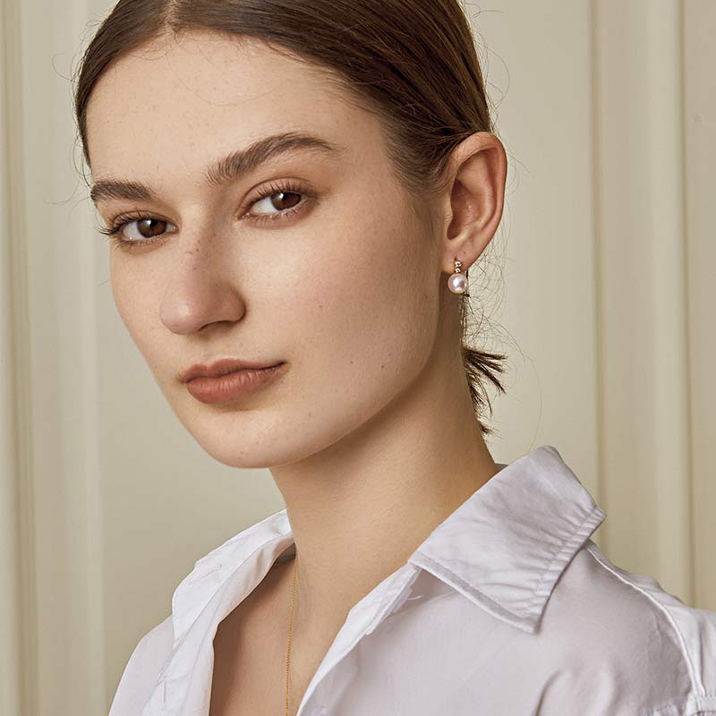 ORIGIN COLLECTION Akoya Pearl 18K Gold Double Diamond Elegant Earrings