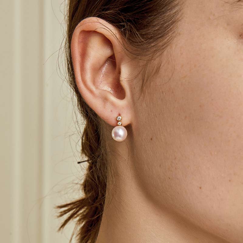 ORIGIN COLLECTION Akoya Pearl 18K Gold Double Diamond Elegant Earrings