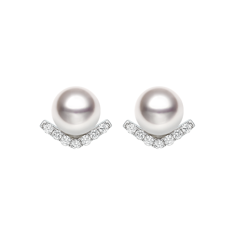 Akoya Pearl 18K White Gold V-shape Diamond Stud Earrings