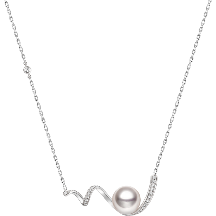 Akoya Pearl 18K White Gold Small Wave Curl Diamonds Necklace