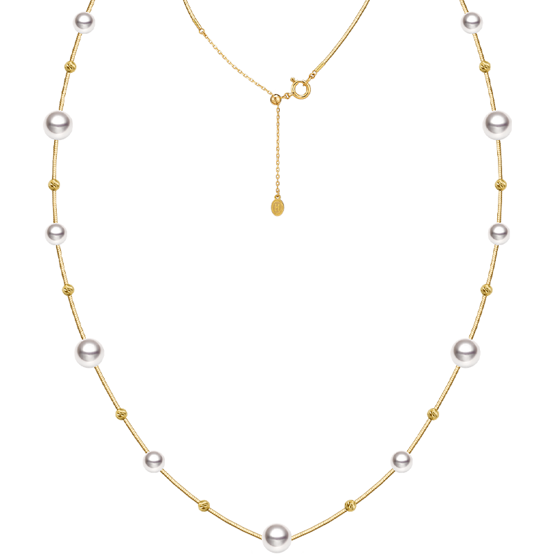 Akoya 18k Yellow Gold Baby's Breath Herringbone Chain Necklace