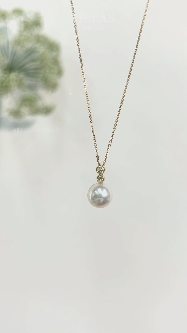 Akoya Pearl 18K Gold Double Diamond Elegant Necklace