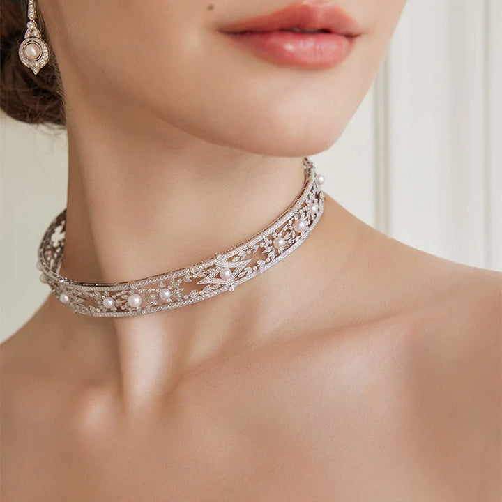 1920s' COLLECTION Akoya Pearl 18K White Gold Diamond Lavender Collar Necklace 1920s' COLLECTION Akoya Pearl 18K White Gold Diamond Lavender Collar Necklace 1920s' COLLECTION