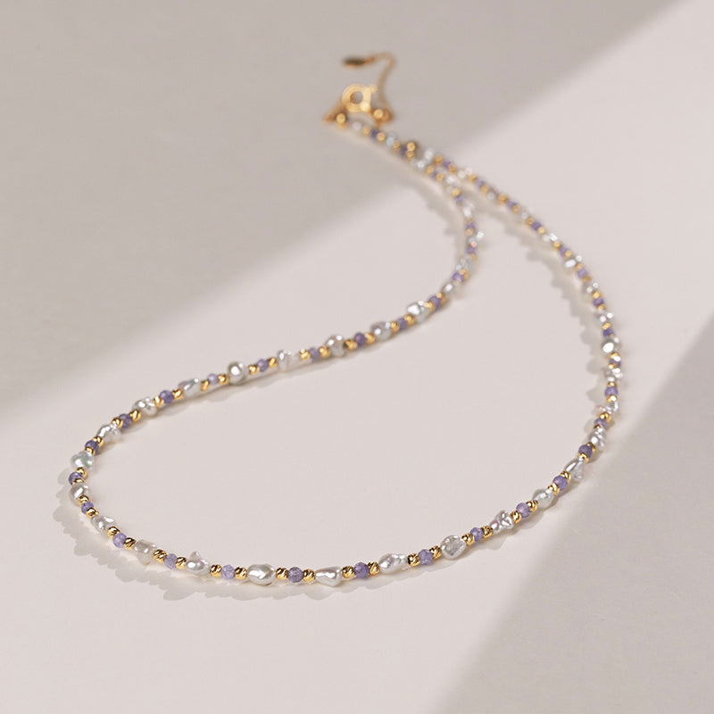 Keshi Saltwater Pearl 18K Gold Tanzanite Unique Necklace