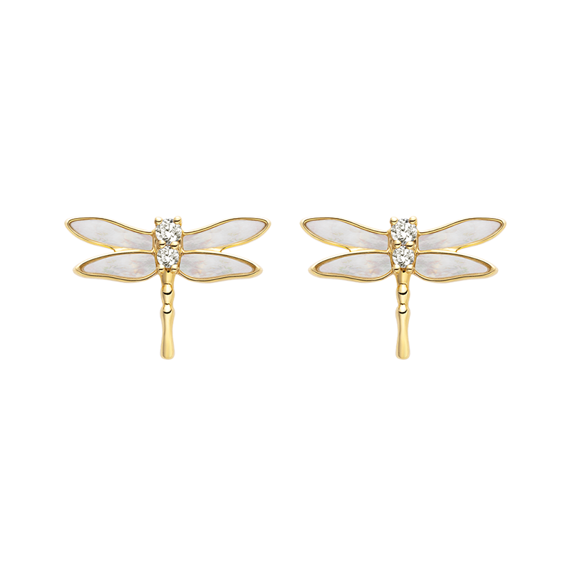 Mother-of-pearl 18K Gold Diamond Whole Dragonfly Ear Studs Earrings