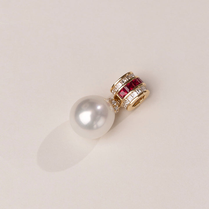 Teardrop South Sea Pearl 18K Gold Diamond Ruby Barrel Pendant Necklace