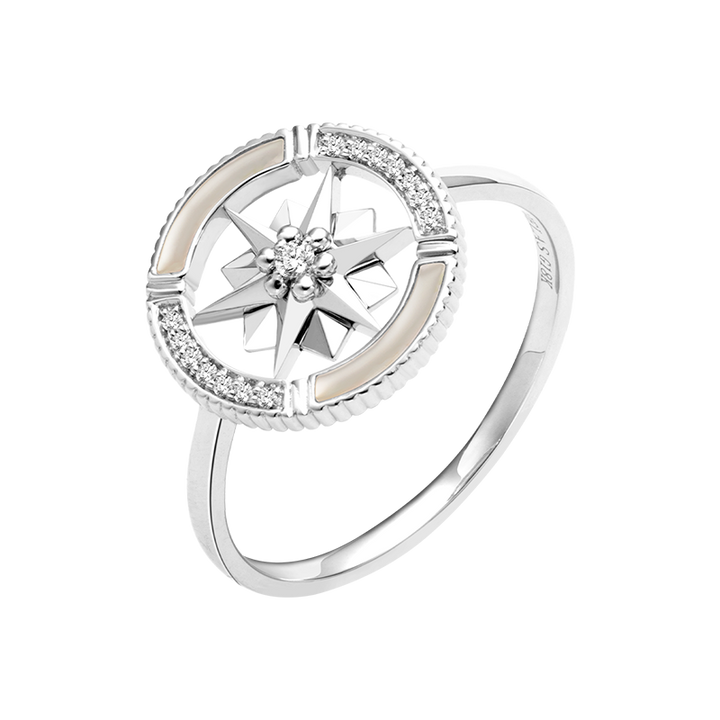 Mother-of-Pearl 18K White Gold Diamond Hexagonal Star Ring