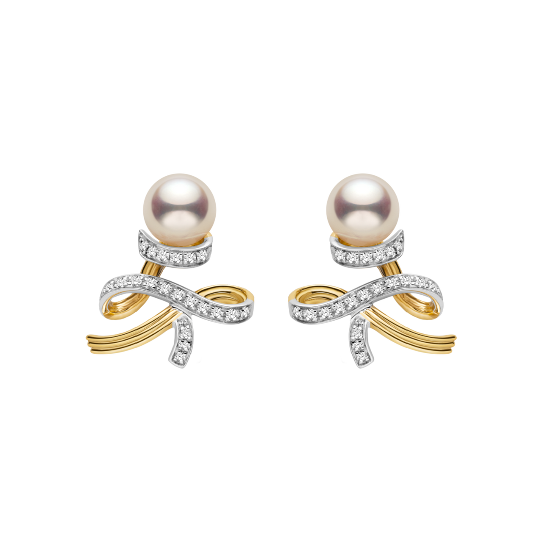 Akoya Pearl 18K Gold Diamonds Two-tone Ribbon Wish Tree Earrings