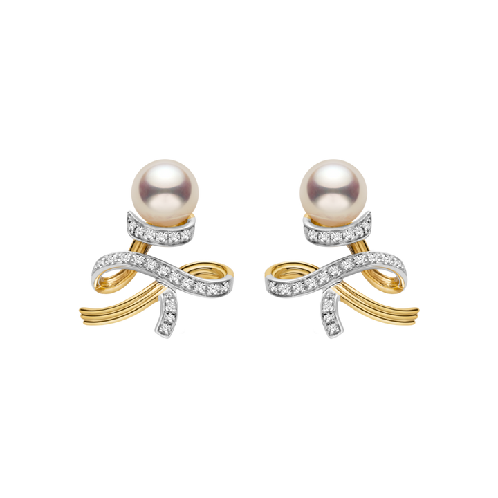 Akoya Pearl 18K Gold Diamonds Two-tone Ribbon Wish Tree Earrings