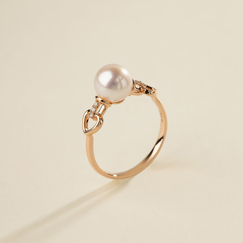 Akoya Pearl 18K Gold Diamond Red Heart Ring