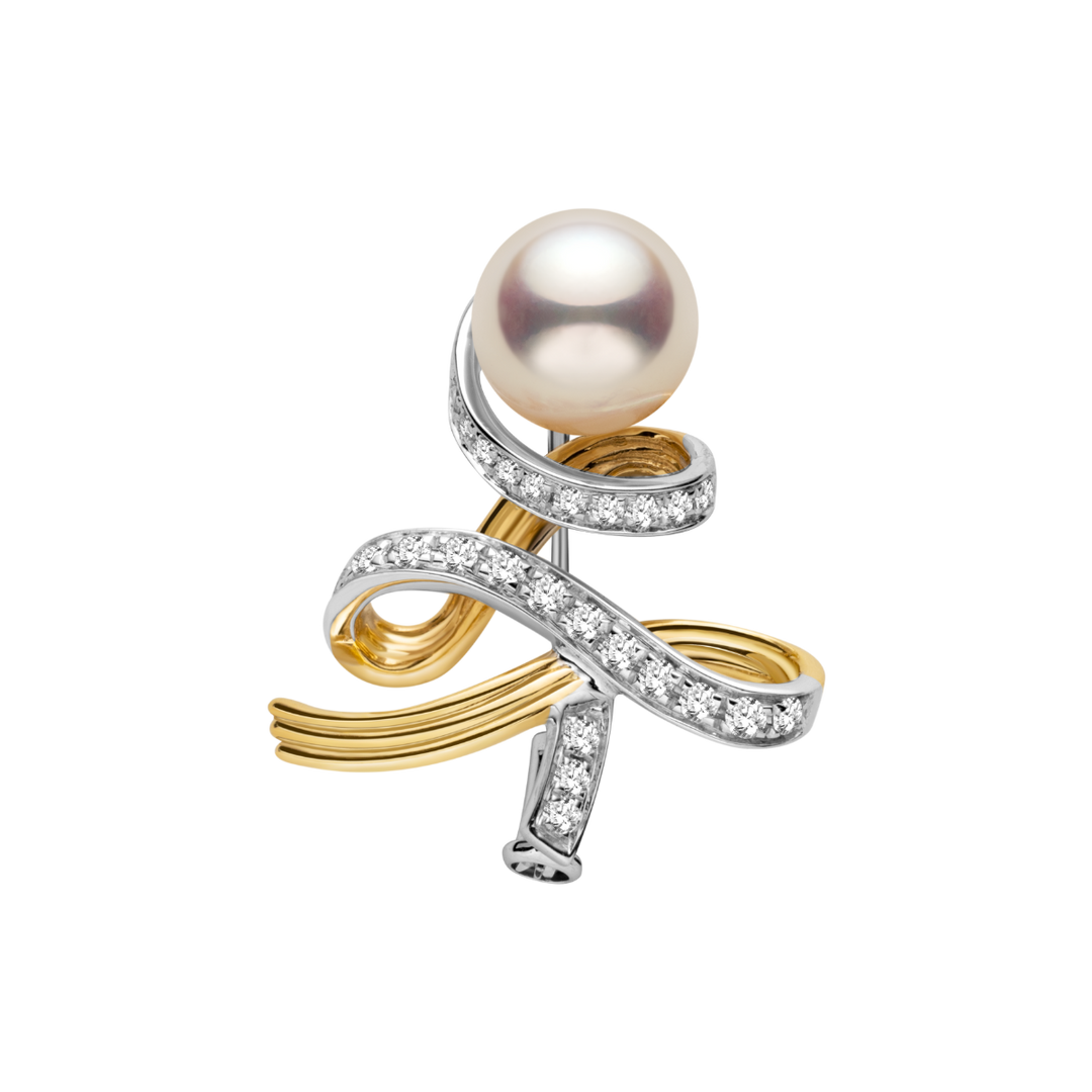 Akoya Pearl 18K Gold Diamonds Two-tone Ribbon Wish Tree Brooch