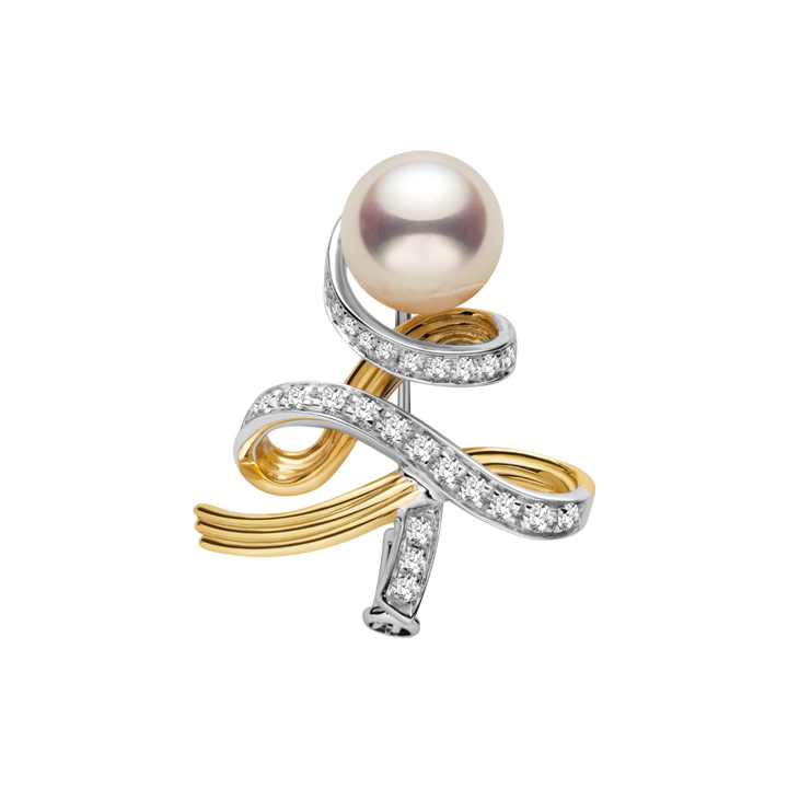 Akoya Pearl 18K Gold Diamonds Two-tone Ribbon Wish Tree Brooch