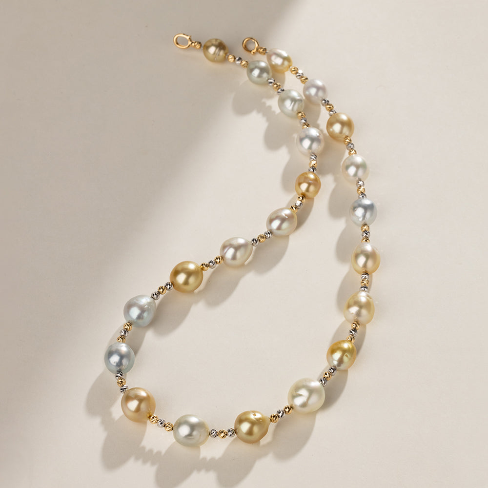 Golden & White South Sea Pearl 18K Gold Elegant Two-tone Mixed Necklace