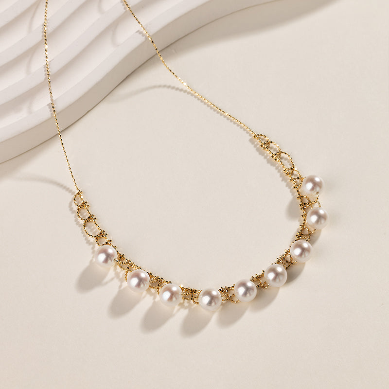 Akoya Pearl 18K Gold Woven Beaded Chain Necklace