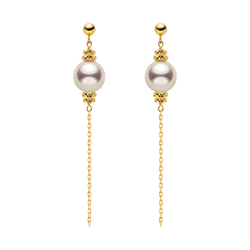 Akoya Pearl 18K Gold Free-Style Dangling Chain Earrings