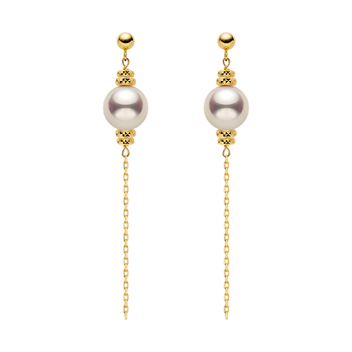 Akoya Pearl 18K Gold Free-Style Dangling Chain Earrings