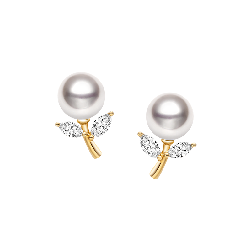 Akoya Pearl 18K Gold Diamond Dandelion Ear Studs Earrings