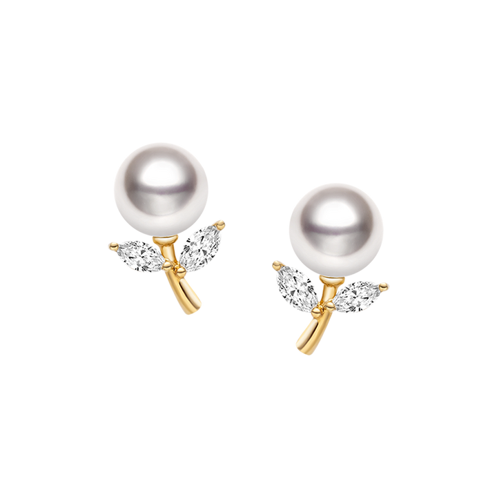 Akoya Pearl 18K Gold Diamond Dandelion Ear Studs Earrings