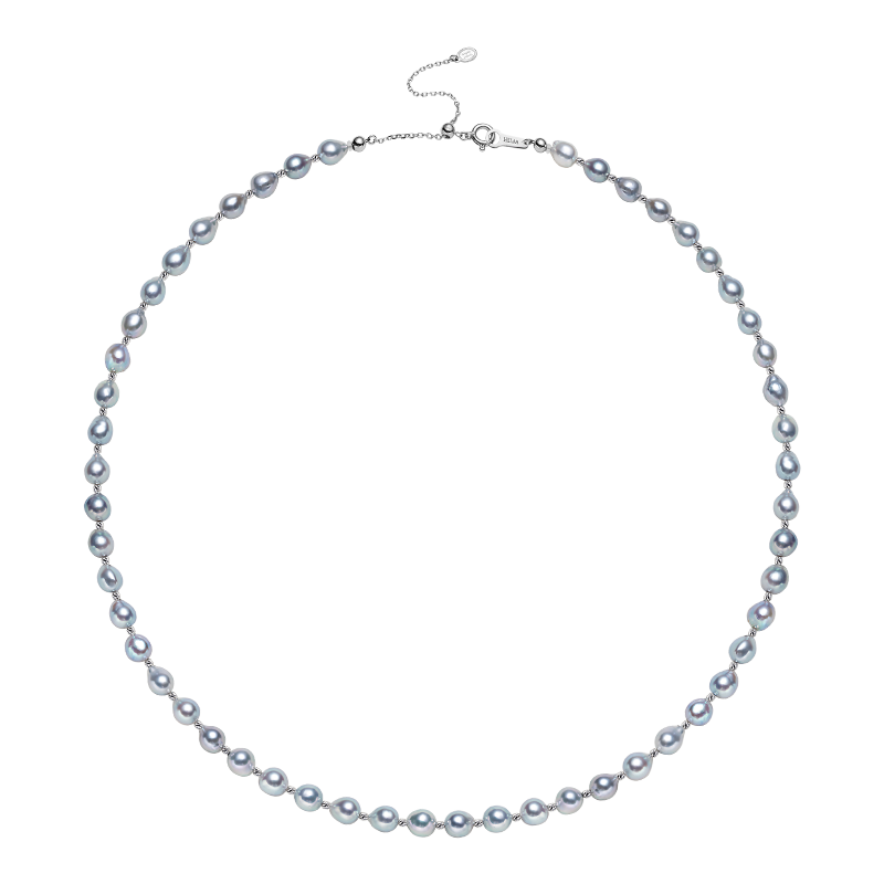Baroque Silver-blue Pearl 18K Gold Alternating Bead Necklace