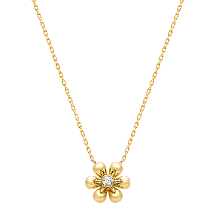 18K Gold Diamond Flower Core Dainty Necklace