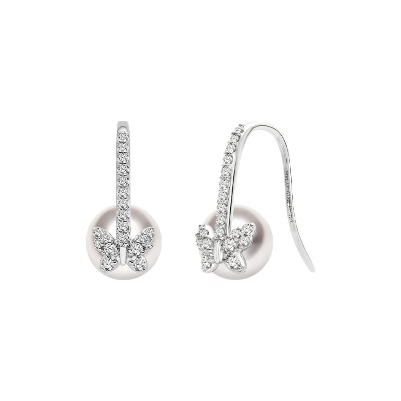 Akoya Pearl 18K Gold Diamond Butterfly Diamond ear Hooks Earrings