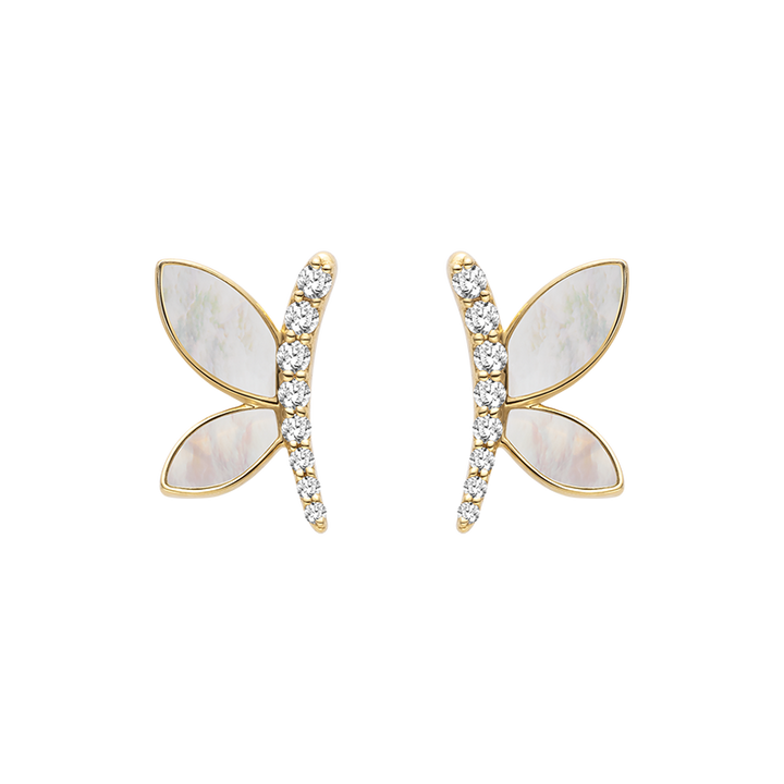 Mother-of-pearl 18K Gold Diamond Dragonfly Ear Studs Earrings