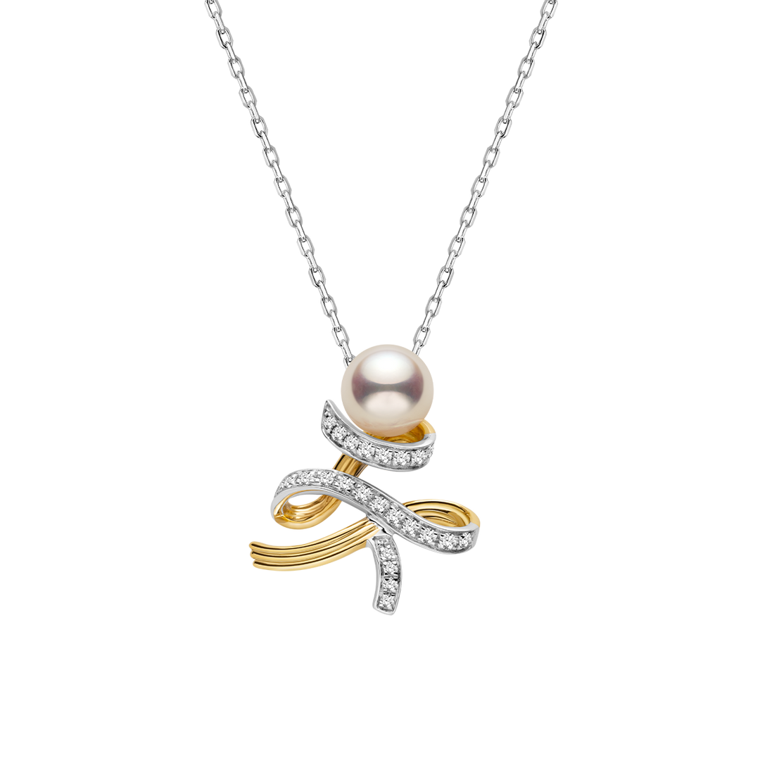 Akoya Pearl 18K Gold Diamonds Two-tone Ribbon Wish Tree Necklace