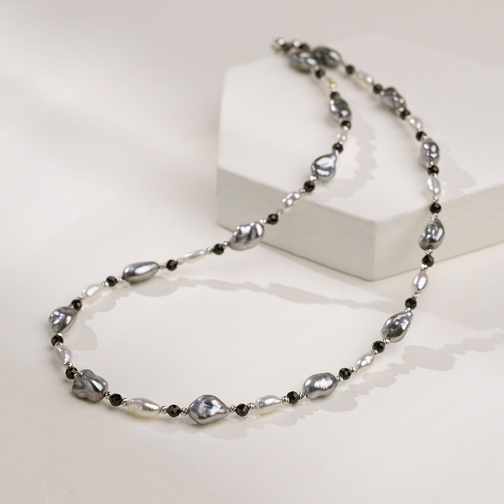 Keshi Saltwater Pearl Black Spinel 18K Gold Monochrome Necklace