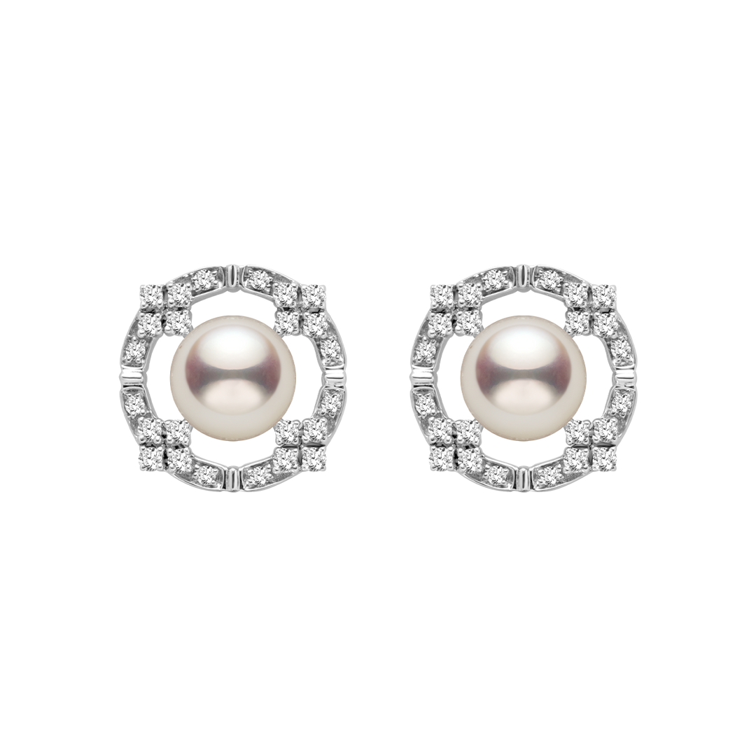 Akoya Pearl 18K White Gold Diamond Arched Design Earrings