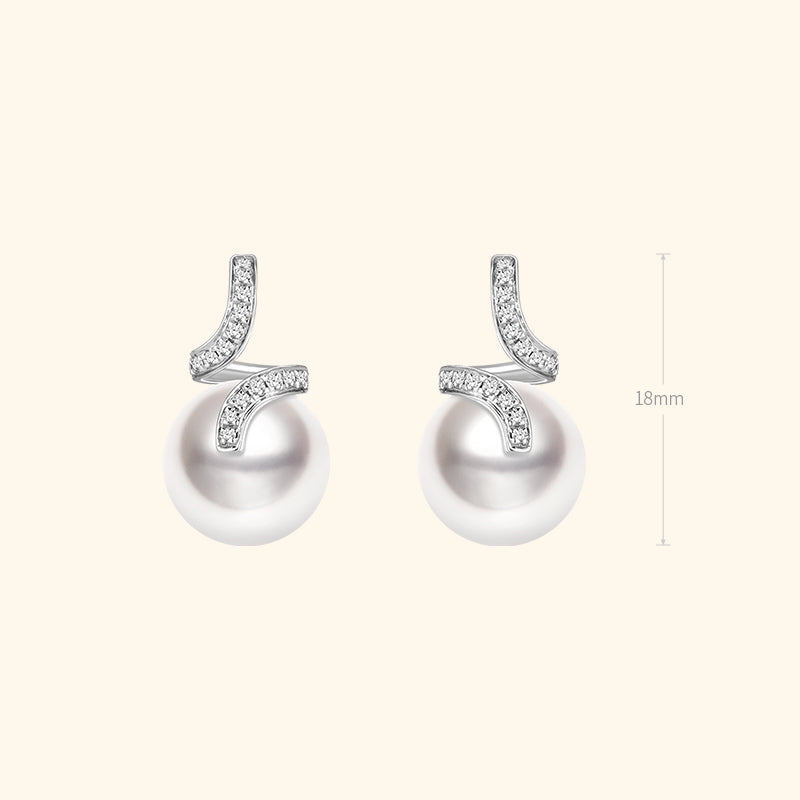 South Sea Pearl 18K White Gold Elegant Wave Stud Diamonds Earrings