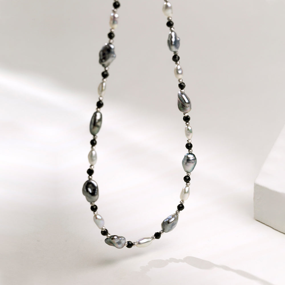 Keshi Saltwater Pearl Black Spinel 18K Gold Monochrome Necklace