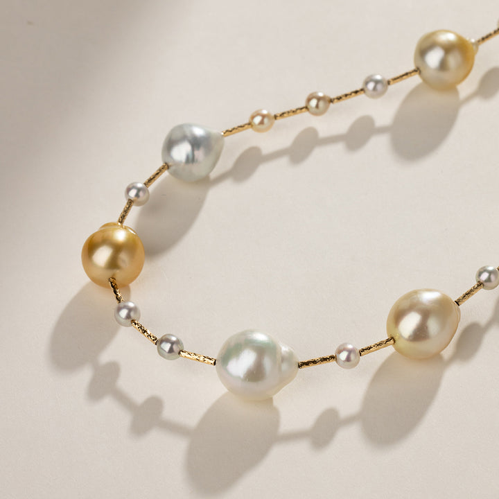 Golden & White South Sea Pearl Akoya Pearl 18K Gold Artistic Messiness Necklace