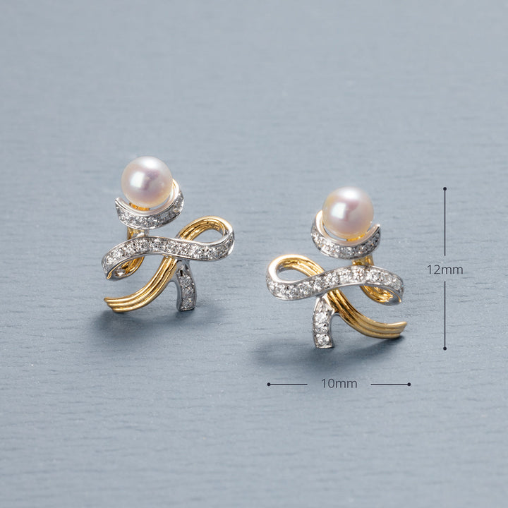 Akoya Pearl 18K Gold Diamonds Two-tone Ribbon Wish Tree Earrings