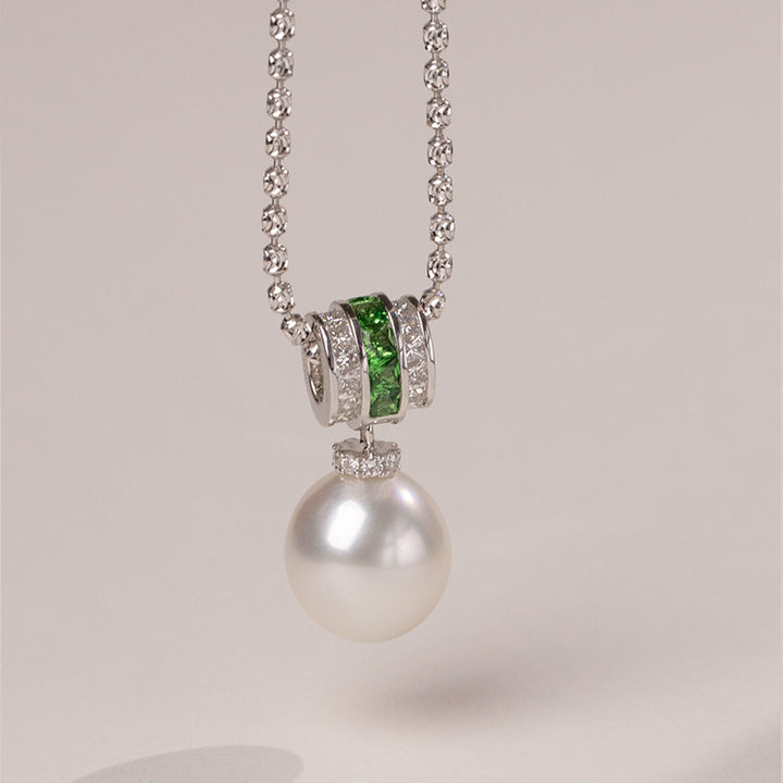 Teardrop South Sea Pearl 18K Gold Diamond Tsavorite Barrel Pendant Necklace