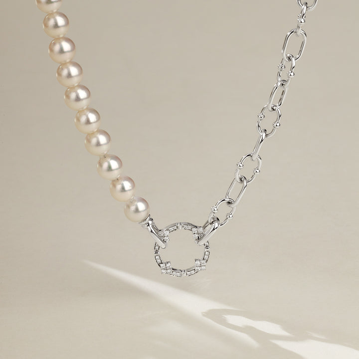 Akoya Pearl Strand 18K Gold Diamond Half Chain Half Pearl Necklace