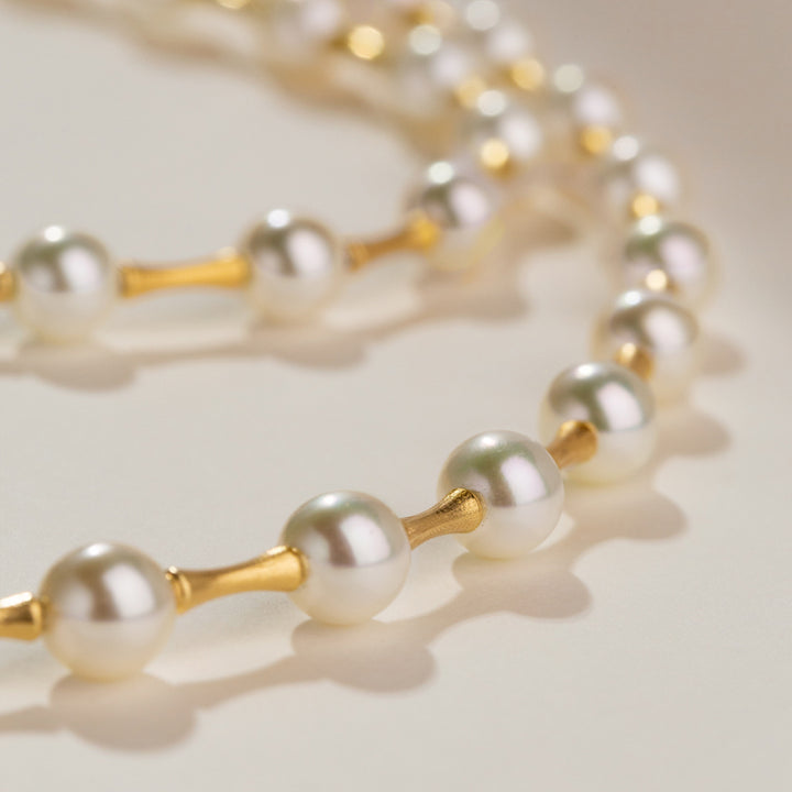 Akoya Pearl Matte 18K Gold Bamboo Knot Orderly Necklace