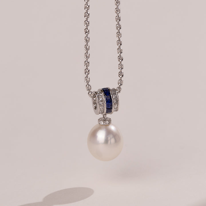 Teardrop South Sea Pearl 18K Gold Diamond Sapphire Barrel Pendant Necklace