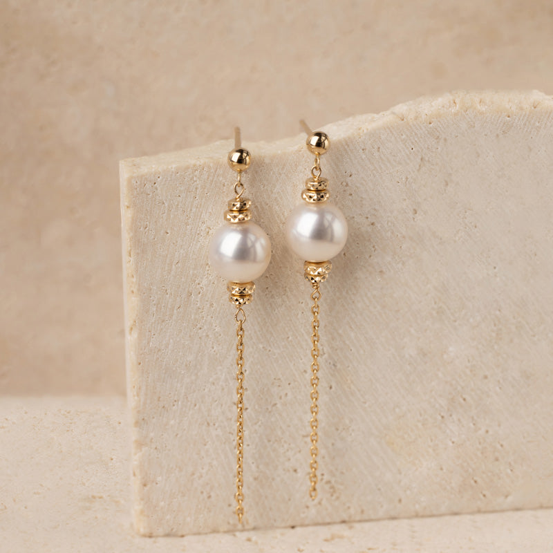 Akoya Pearl 18K Gold Free-Style Dangling Chain Earrings