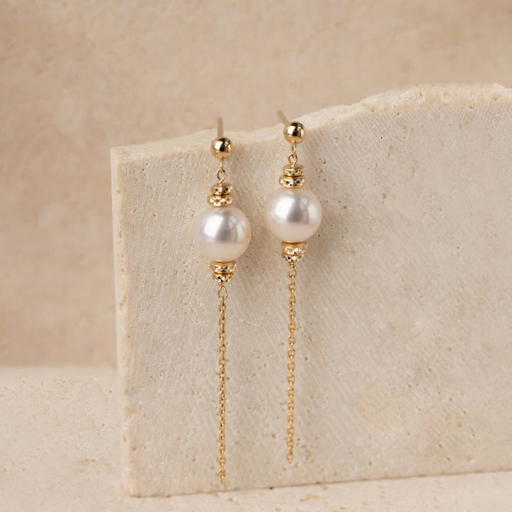 Akoya Pearl 18K Gold Free-Style Dangling Chain Earrings