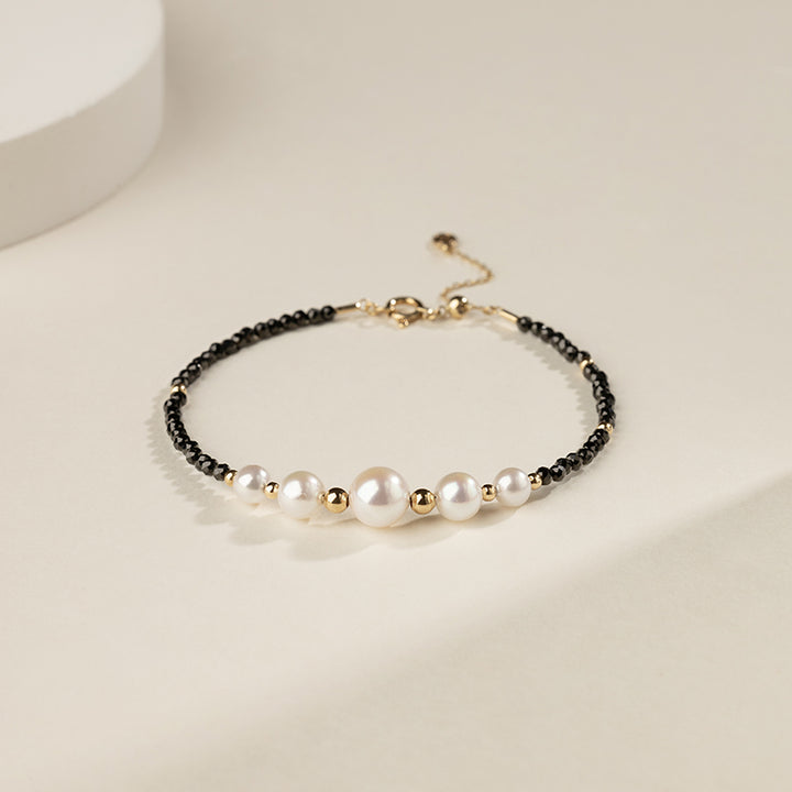 Akoya Saltwater Pearl 18K Gold Black Spinel Smile Bracelet