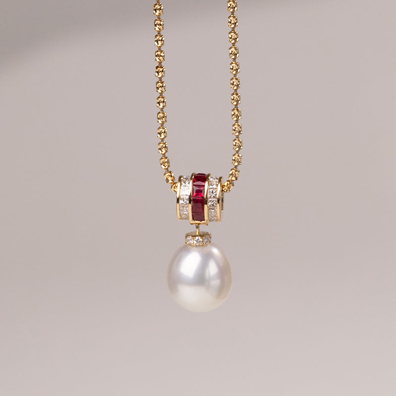 Teardrop South Sea Pearl 18K Gold Diamond Ruby Barrel Pendant Necklace