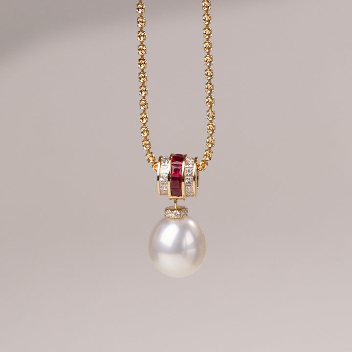 Teardrop South Sea Pearl 18K Gold Diamond Ruby Barrel Pendant Necklace