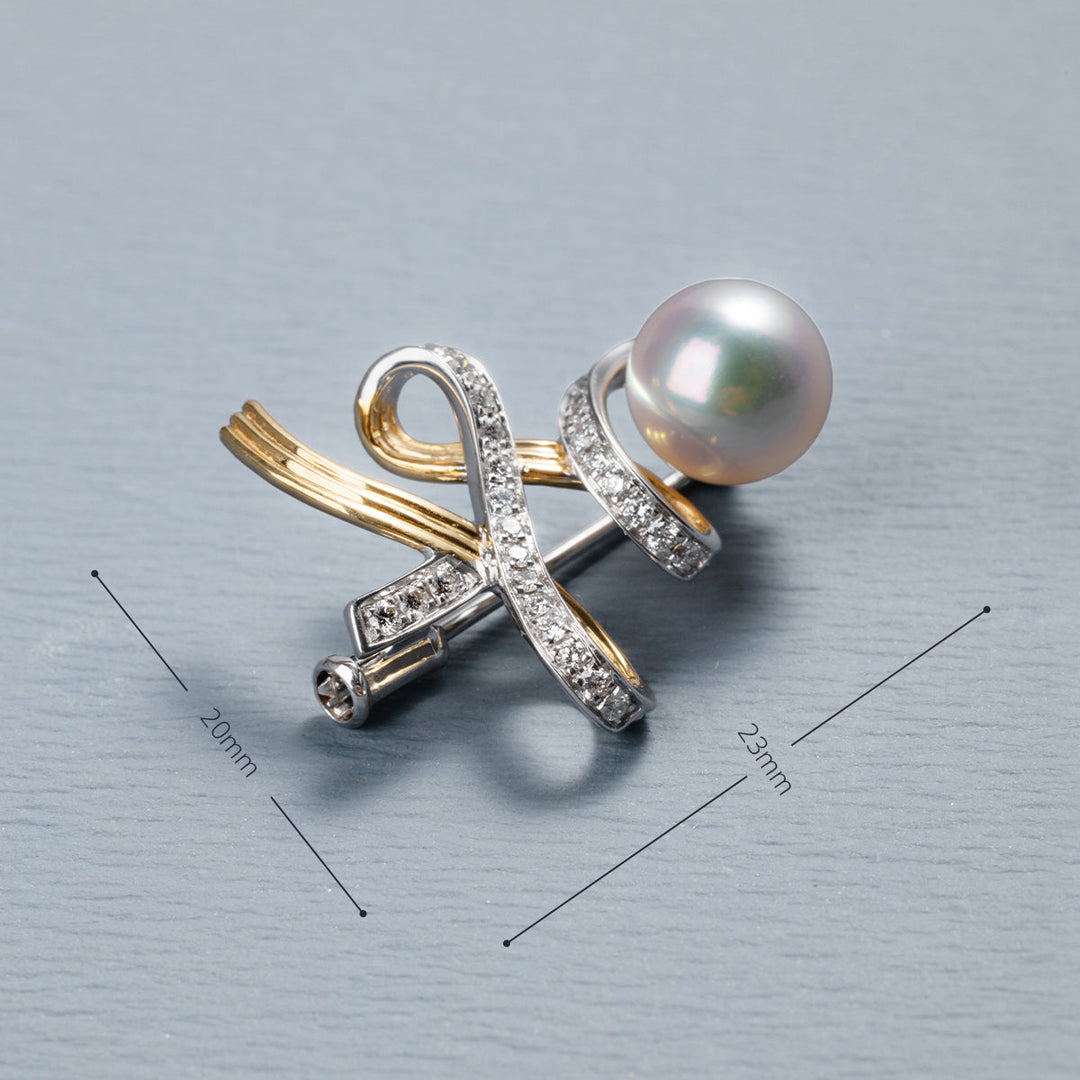 Akoya Pearl 18K Gold Diamonds Two-tone Ribbon Wish Tree Brooch