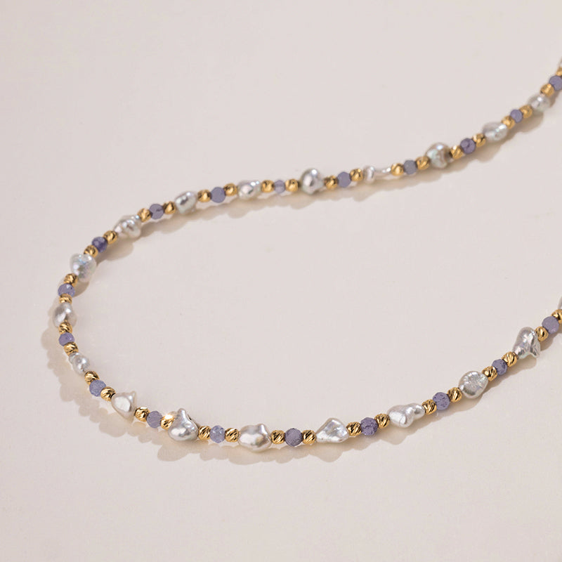 Keshi Saltwater Pearl 18K Gold Tanzanite Unique Necklace